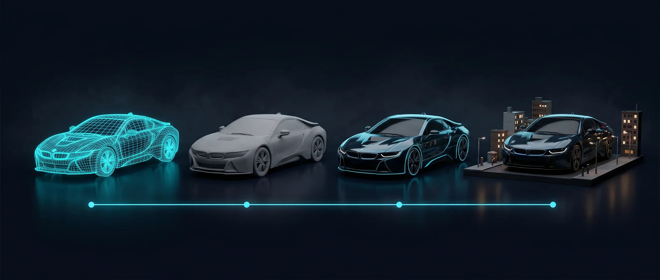 Vier Stufen eines Fahrzeug-Assets: Wireframe, Clay-Render, texturiert, ingame